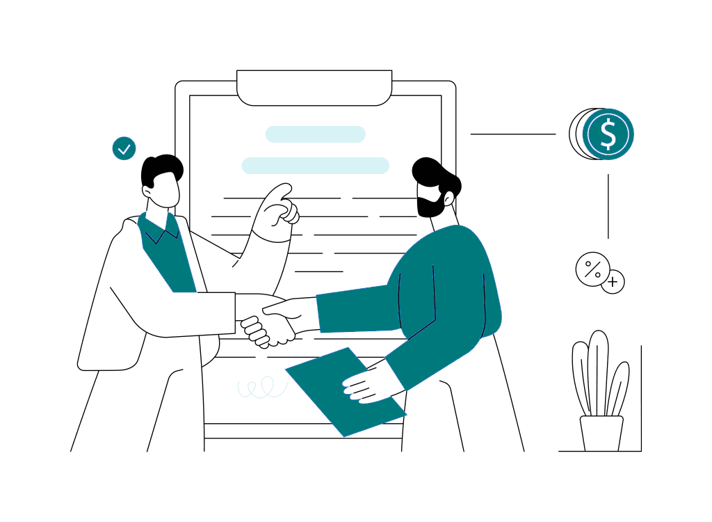 Illustration of two people shaking hands over a document about medical Ad clinic's pay-per-performance section.